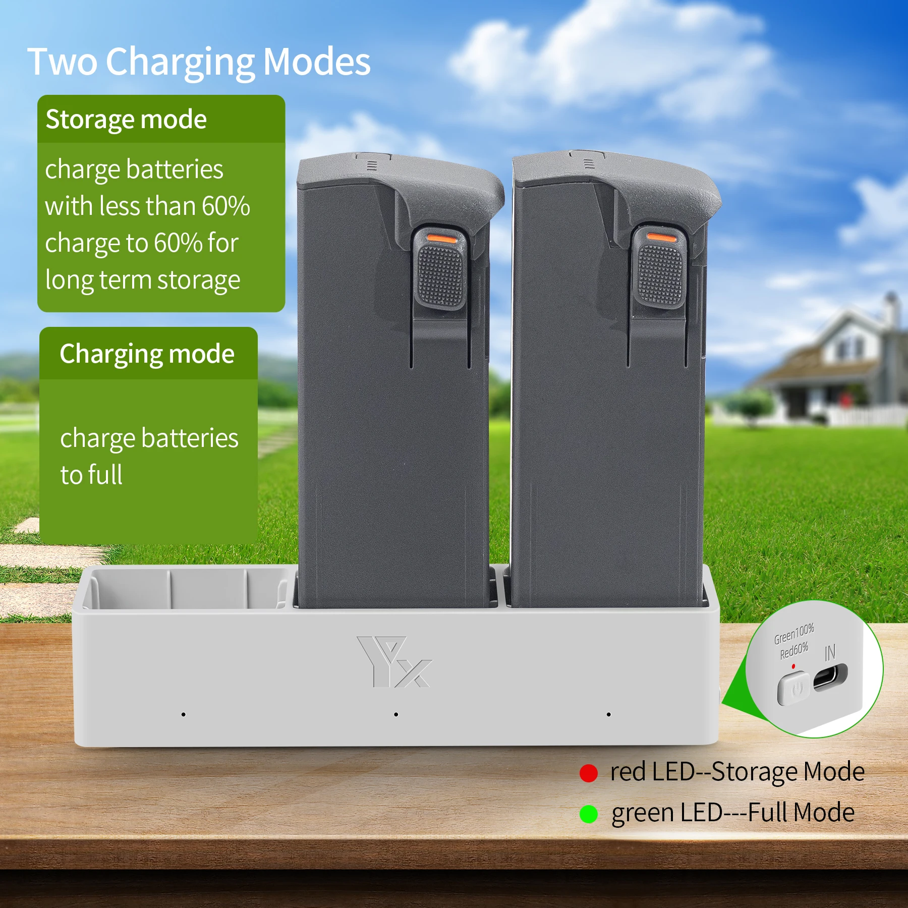 Hub de charge multiport pour DJI Avata 2, incliné, montrant les connecteurs de batterie et le ventilateur