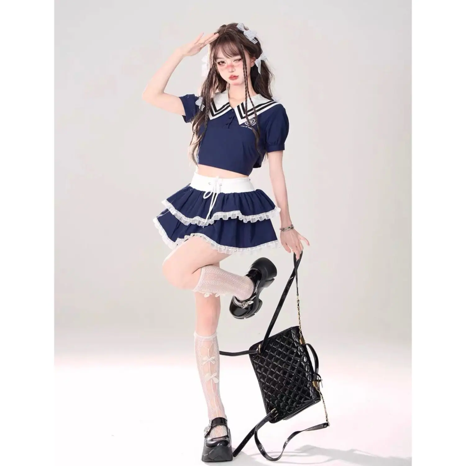 Japan Kawaii JK Cute Uniform Sailor Suit Summer Women Clothing Navy Neck Tie Up Bow Top High Waist Fluffy Short Skirt Girl New