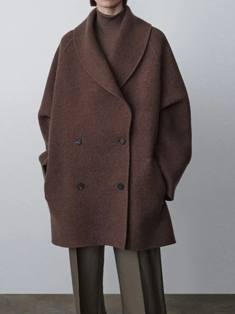 

Wool Coat for Women Lapel Double Breasted Long Sleeve Solid Color Loose Warm Winter Jacket