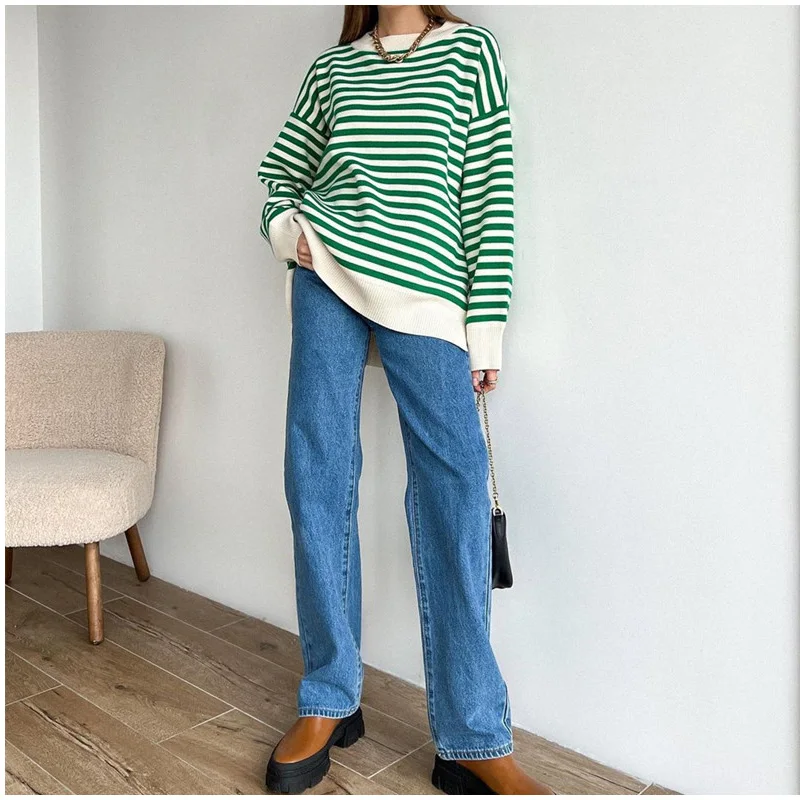 O Neck Vintage Striped Sweater Pullovers For Women Casual Loose Long Sleeves Jumpers Autumn Female Drop Shoulder Kintting Tops sweater for women