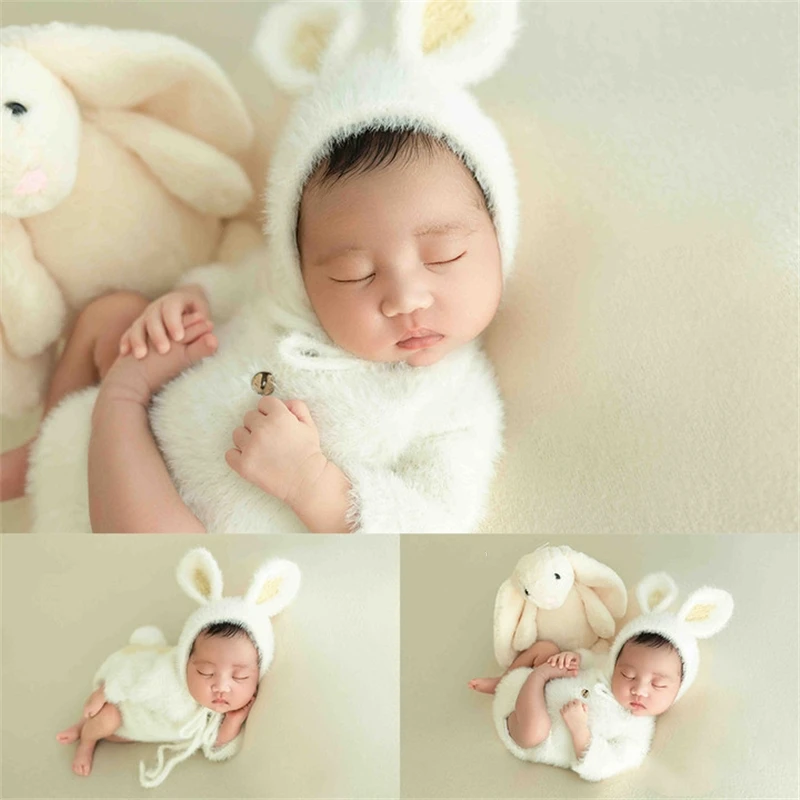 Newborn Baby Photography Props Mink Knitted Cute Bunny Outfits with Hat Furry Rabbit Doll Backdrop Studio Shooting Photo Props dvotinst newborn photography props baby cute floral flower headbands with ears headdress headwear studio shooting photo props