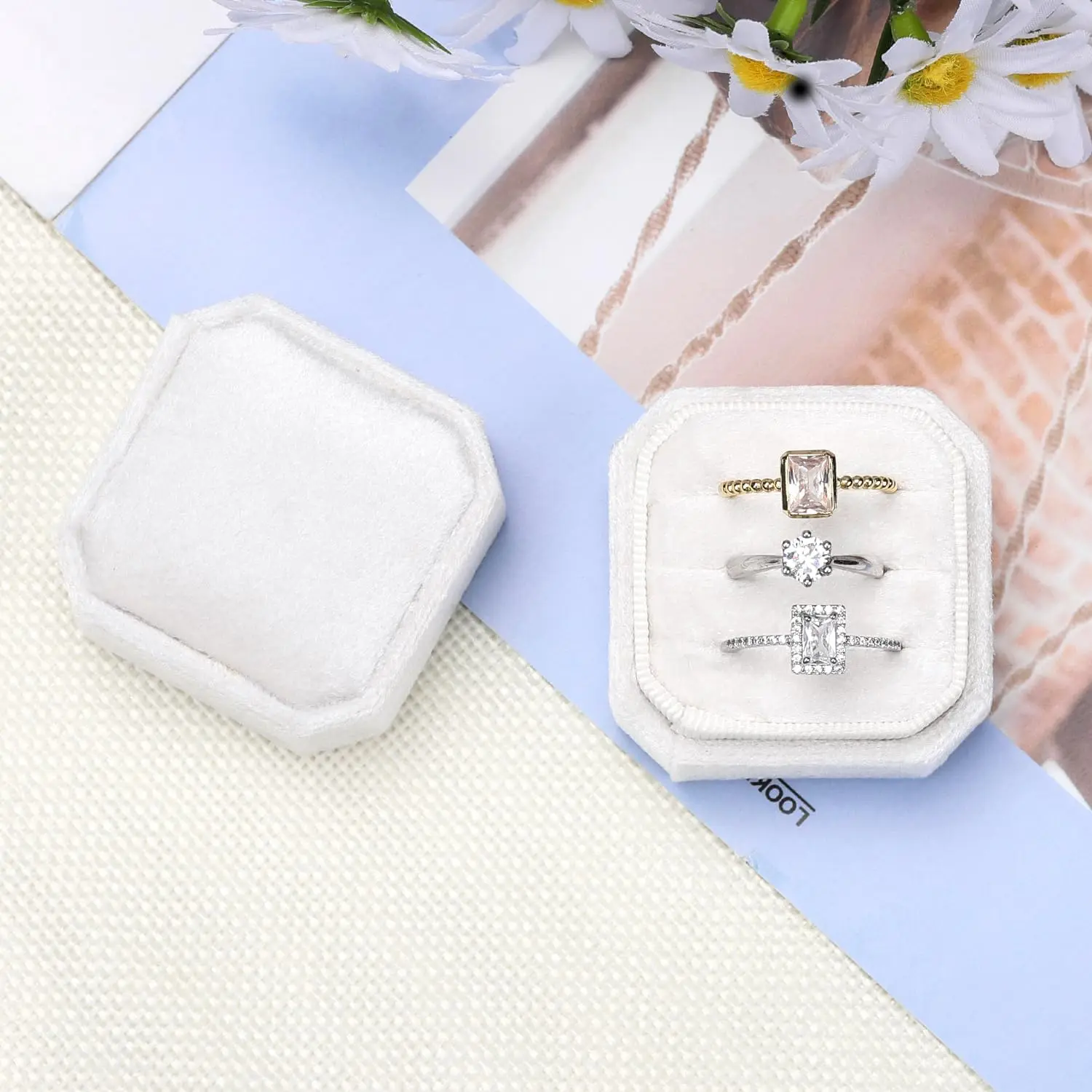 Octagonal Velvet Ring Box ring box 3 Slots-Premium Handmade Velvet Ring Stand for Weddings Proposals Engagements Photography 1PC