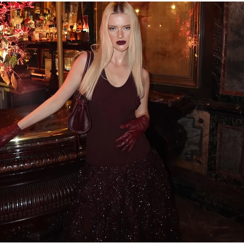 Elegant Knitted Sequin Long Dresses Women Vintage Glitter Solid O-neck Sleeveless Maxi Evening Dress Female Chic Street Party