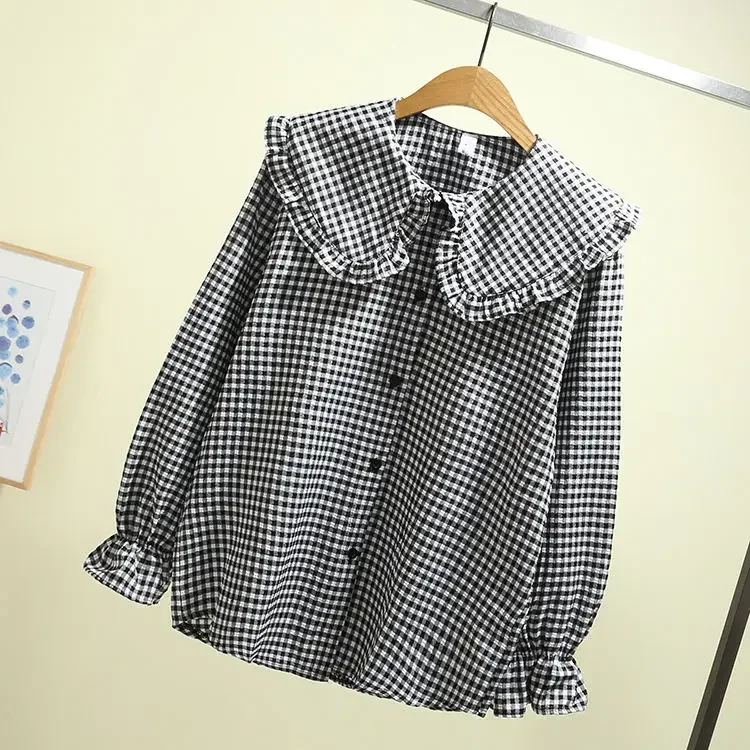 Blusa De manga larga holgada a cuadros para Mujer, camisa blanca y negra para primavera