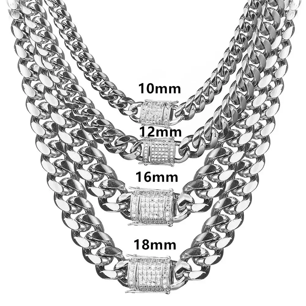 

6-18mm wide Stainless Steel Cuban Miami Chains Necklaces CZ Zircon Box Lock Big Heavy Chain for Men Hip Hop Rock jewelry