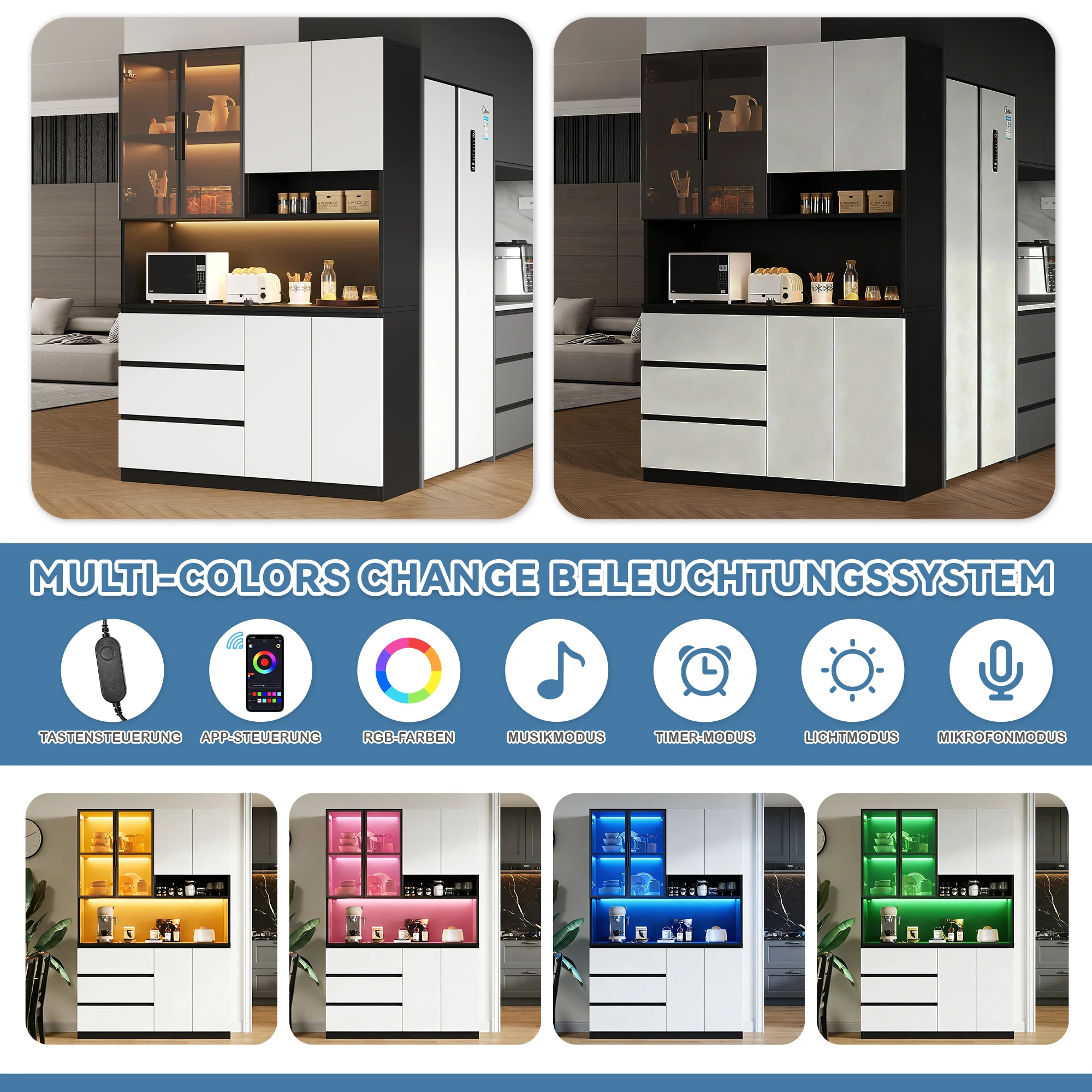 PINGGO LED Küchenbuffetschrank 6 Türen 3 Schubladen Mikrowellenbereich Glasregale B120,5xT40xH180cm – Detail 3