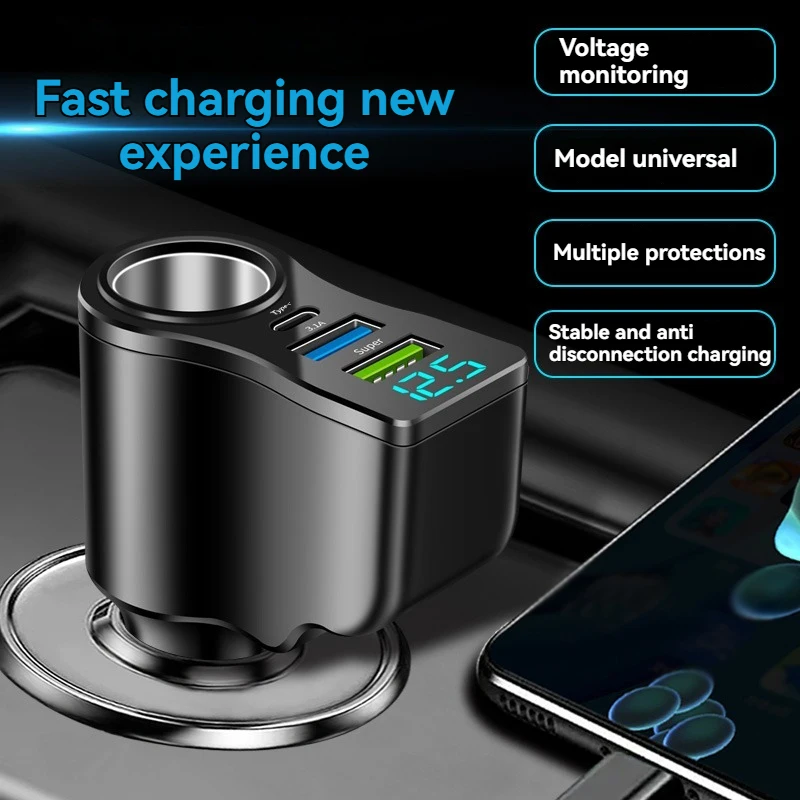 One can drag and carry four mobile phone chargers. It supports super-fast charging and has real-time voltage display.