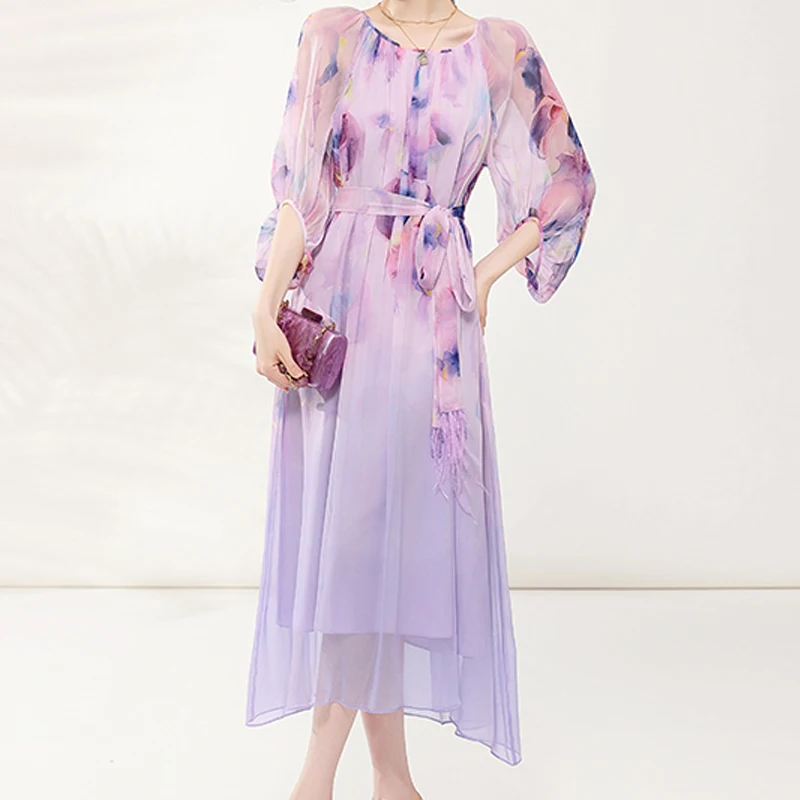 Mujeres Señora Gasa Primavera Vestidos Largos Estampado Floral Camisa Cuello Manga Larga Botón Nueva Moda Elegante Señora Vestido Casual