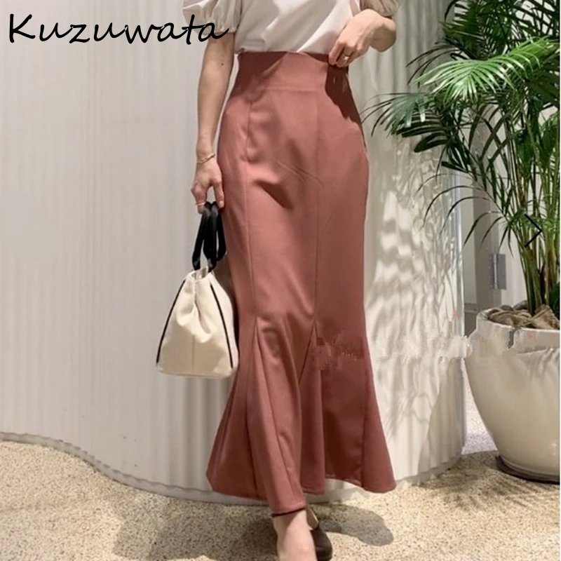 skirts for women Kuzuwata 2022 New Fashion Temperament Women Faldas Japanese Autumn Jupes Empire Solid Slim Folds Mid Length Mermaid Skirts black mini skirt