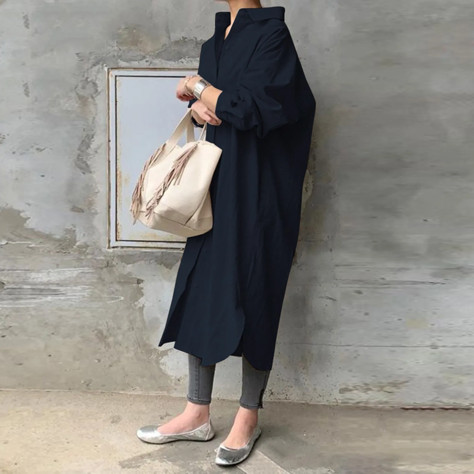 

Women Cotton And Linen Solid Color Lapel Cardigan Long Pocket Shirt Women's Tops And Blouses