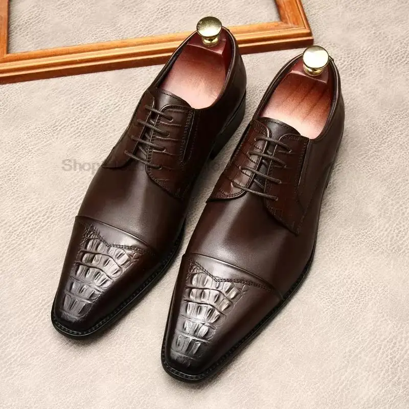 

Black Coffee Genuine Leather Mens Wingtip Oxfords Office Business Formal Shoes Lace Up Brogue Wedding Cap Toe Shoes For Men