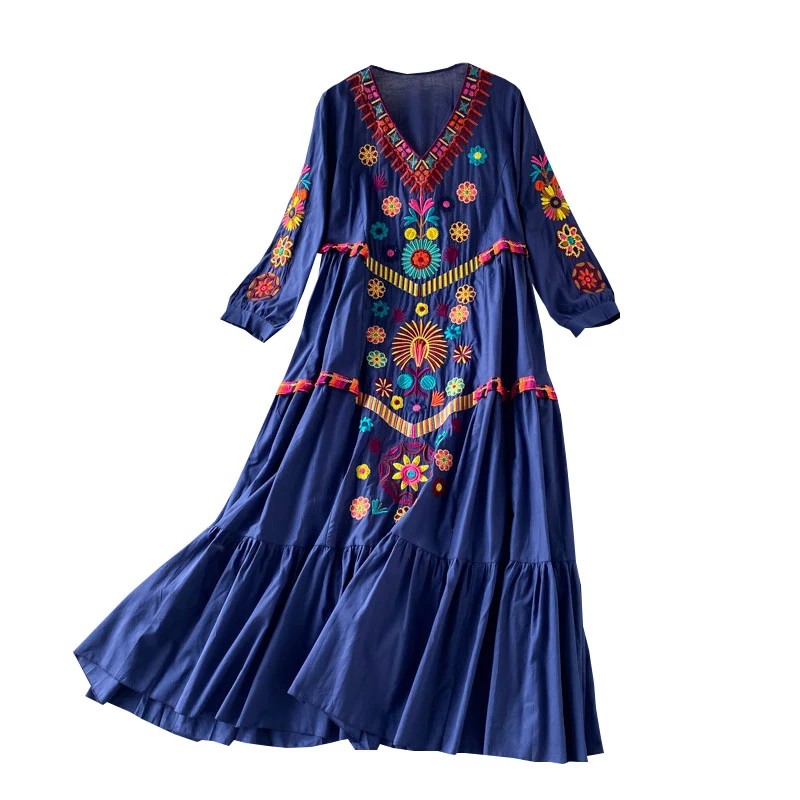 

Vintage Chic Women Floral Embroidery Beach Bohemian Mini Dress Ladies Short Sleeve V-neck Cotton and Linen Boho Dresses Vestido