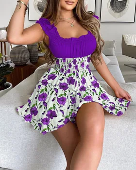 2024 European and American Summer New Flower Contrasting Color Pulling Waist slimming Round Neck Dress for Women