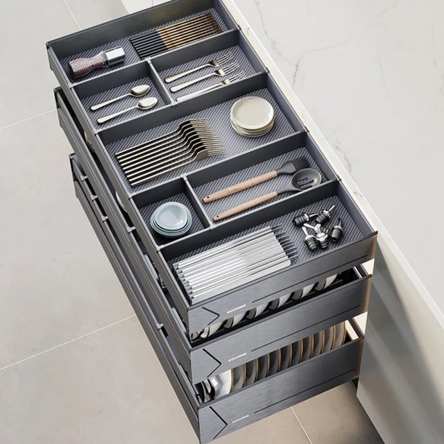 3 ชั้นตู้ครัวภายในOrganizerดึงชั้นวางจานMulti-Functionช้อนส้อมตะกร้าลิ้นชัก 1