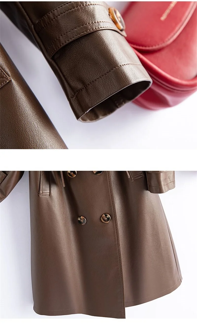 2024 High-quality Leather Trench Coat Women's Sheepskin Outerwear X-long Windbreaker Autumn Winter Lady Streetwear Overcoat 5xl