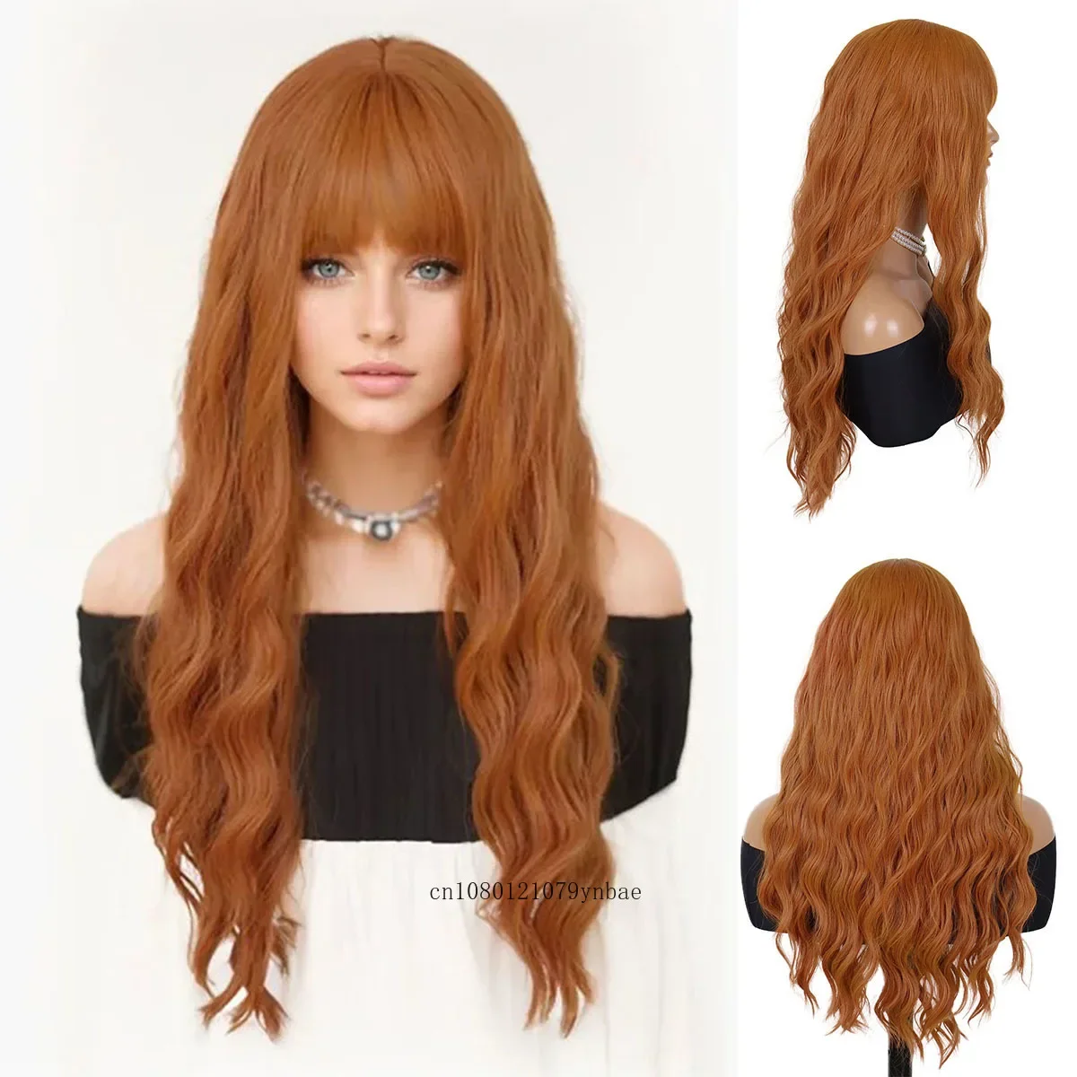 Synthetic Long Water Wavy Wig with Bangs for Women Lady Anime Orange Lolita Wigs Costume Halloween Cosplay Party Heat Resistant