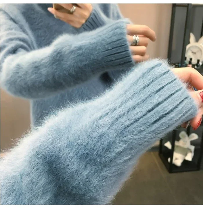 Winter Mink Faux Cashmere Thick Sweater Women Jumper White Pull Femme Loose Pullover Knitted Fluffy Sweaters For Women Winter