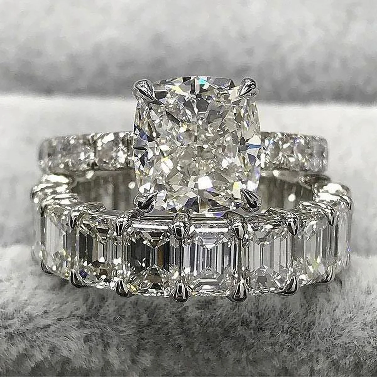 

Hot Luxury AAA Zircon Wedding Double Rings For Women Silver Color Bride Jewelry Engagement Accessories Valentine Gifts