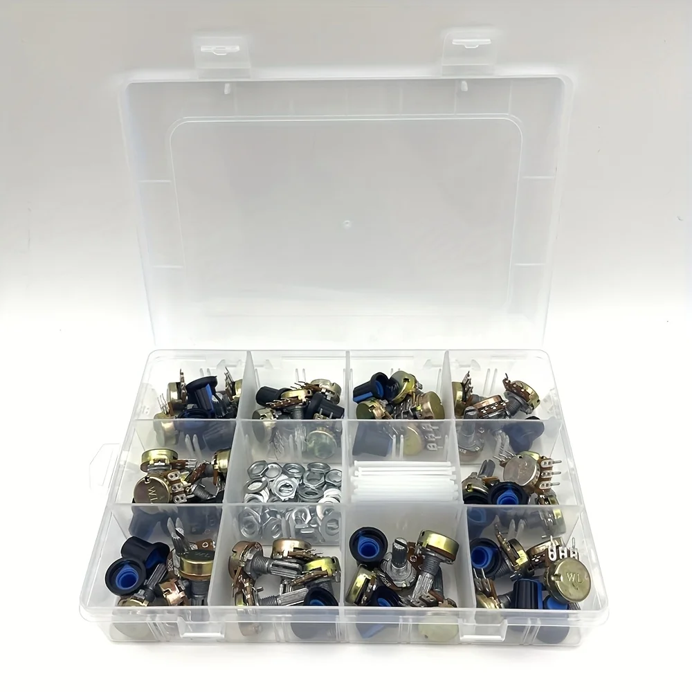 160 개/상자 WH148 15MM 단일 전위차계 키트 B1K/5K/10K/20K/50K/100K/500K/1M 손잡이 세트 샤프트 너트 포함