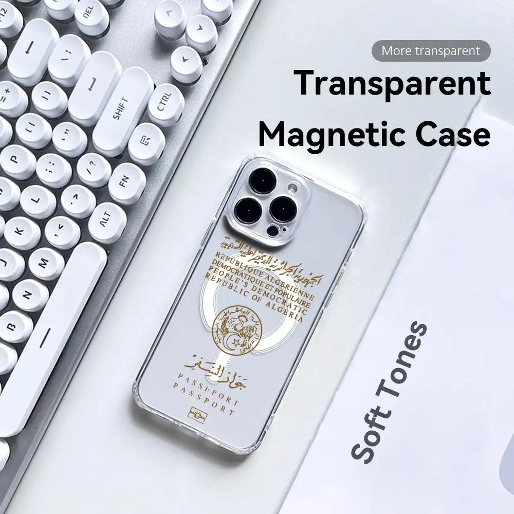 Algeria Passport Logo Magnetic Crystal Clear Phone Case with Wireless Charging Compatibility