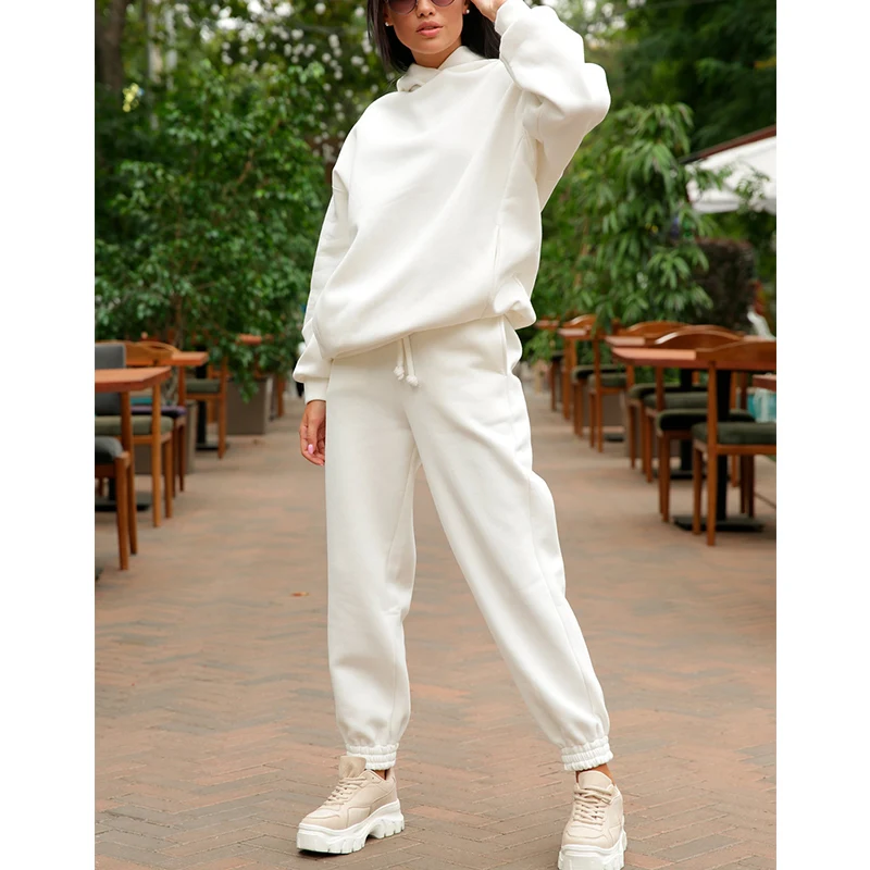 Autumn Winter Solid Color Loose Casual Hoodies Sweatpants Set Women Fashion Simple Hooded Sweatshirt Pants Suit Female Clothes
