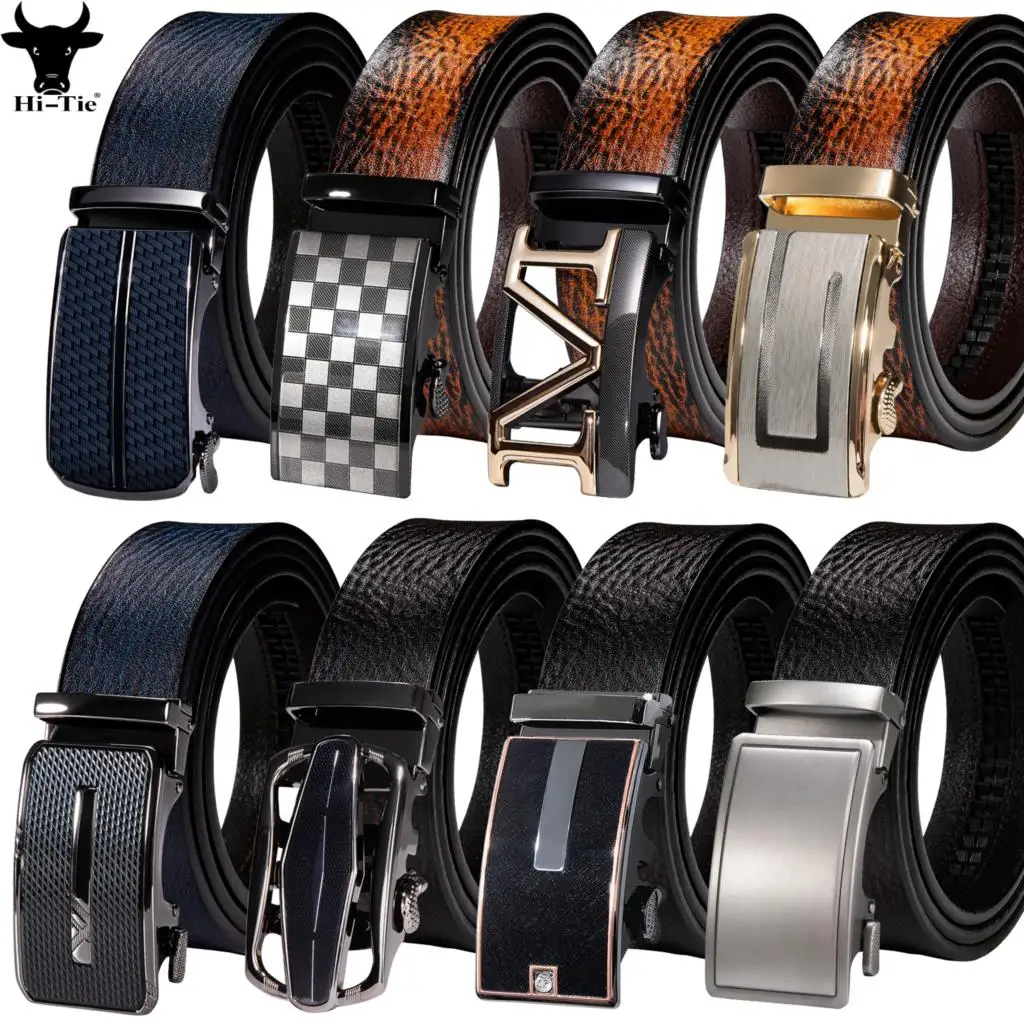 

HiTie Blue Tan Brown Mens Belts Real Leather Straps Metal Automatic Buckles Ratchet Waistband Dress Jeans Belt for Men Daily XXL