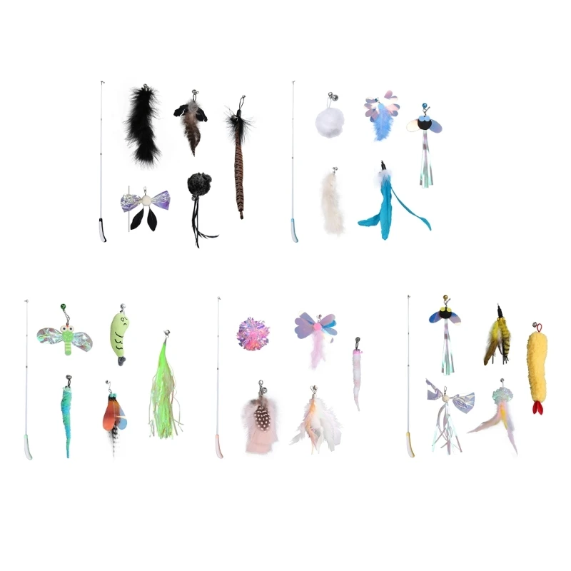 

Cat Teaser Toy Set Indoor Feather Wand Cats FishingPole Cat Toy Birthday Gift 6XDE