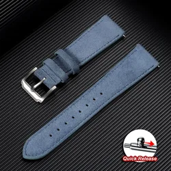 Vintage Suede Leather Quick Release Watch Strap with Calfskin Band and Classic Pin Buckle - 18mm (Blue)