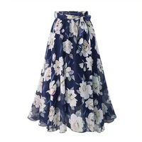 Plus Size Print Floral Skirt Women 2024 Summer Loose Elastic High Waist Chiffon Midi Skirts Lace Up Bow L-5XL Swing Jupe Femme - Image 2