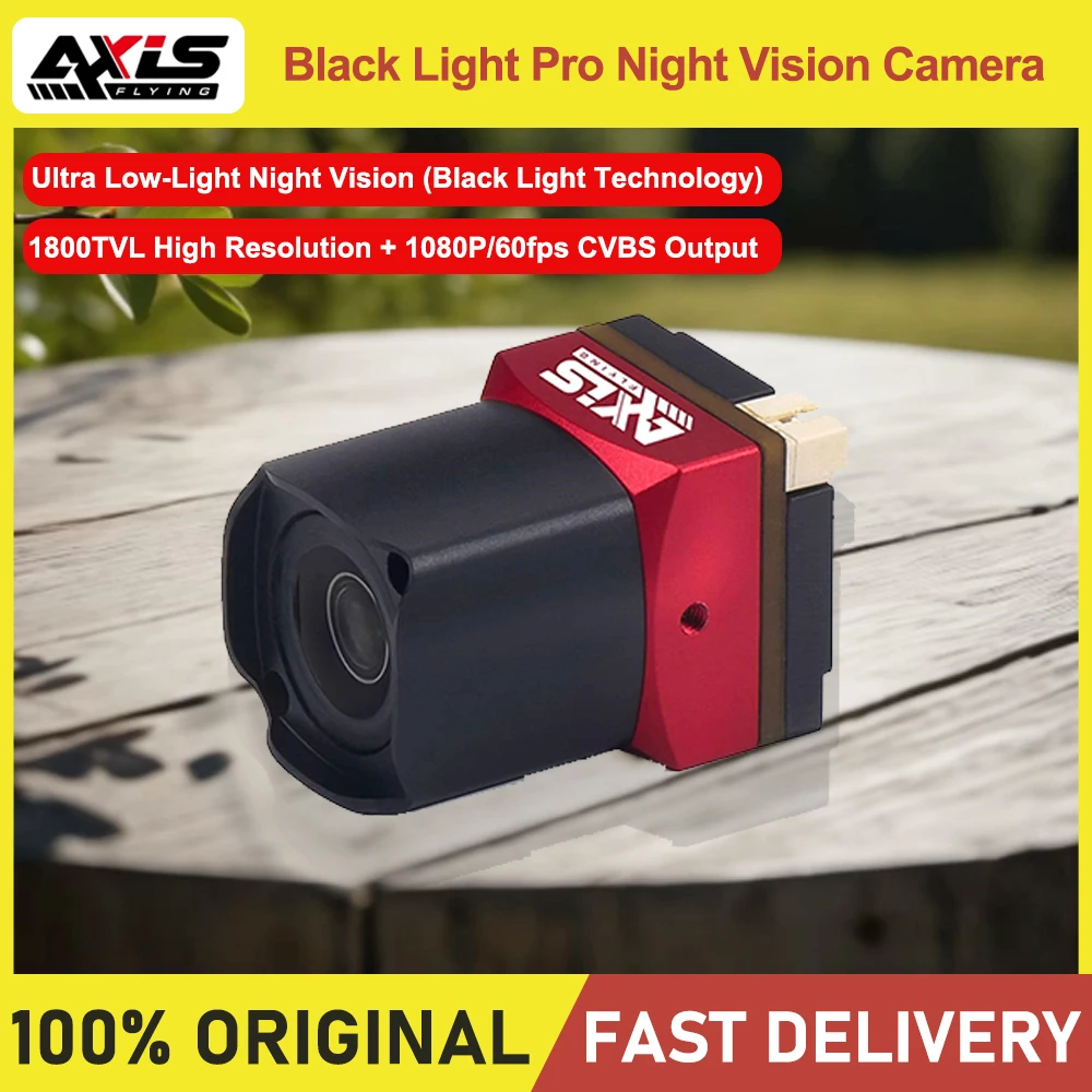 Caméra FPV AxisFlying OWL Black Pro 1800TVL avec vision nocturne activée, éclairant une scène sombre.