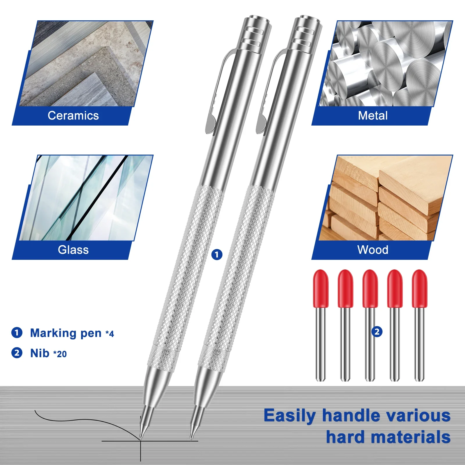 4Pcs Tungsten Carbide Tip Scriber with 20 Engraving Pen Marking Tip Scribing Pen For Glass Ceramic Metal Marking Hand Tools