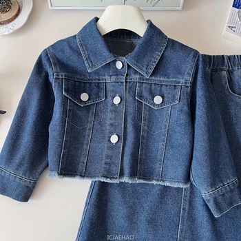 Vestiti per ragazze adolescenti Vestiti per bambini piccoli in 2 pezzi Set di pezzi in denim Moda Bambini Abiti autunnali Giacca per bambini e gonne lunghe Due