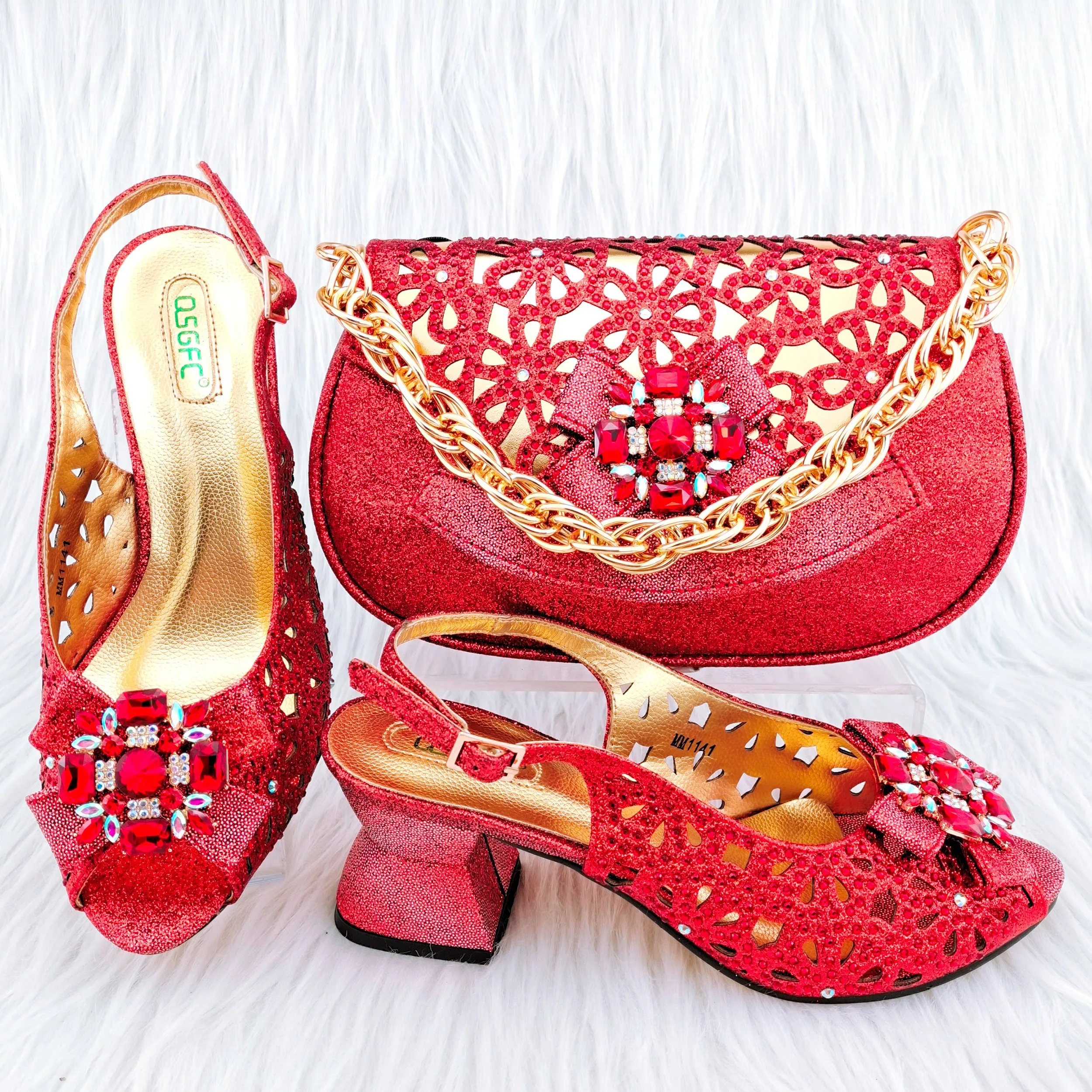 Doershow new come Matching Women Shoe and Bag Set Decorated green