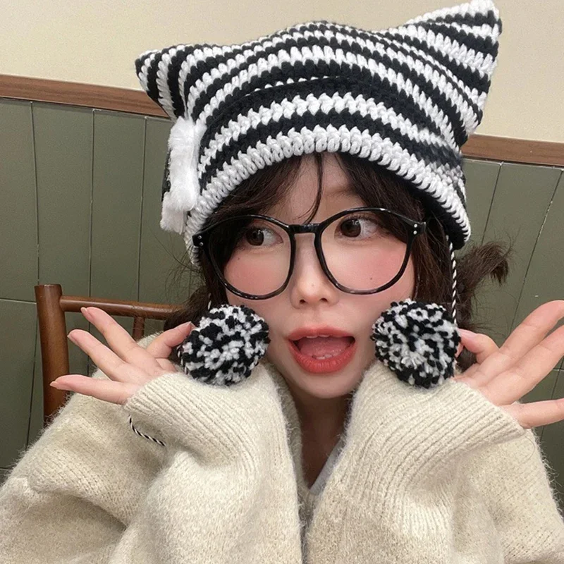 Y2K Beanie Hat Ins Devil Ear Striped Knitted Wool Cap Autumn