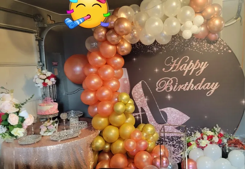 Happy Birthday photo backdrop Round Gold Black Glitter Balloons High Heels for Party Photography