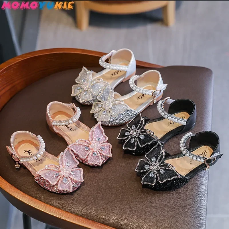 Girls Sequin Lace Bow Kids Shoes Girls Cute Pearl Princess Dance Single Casual Shoe New Children's Party Wedding Shoes D721
