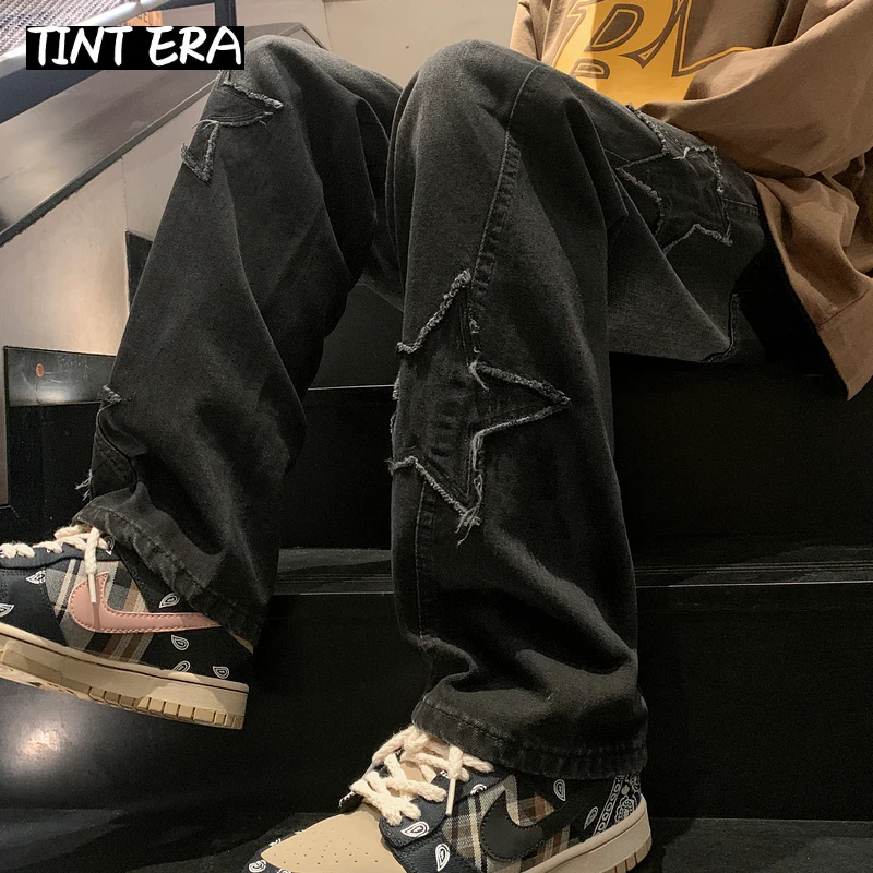 TINT ERA Star Embroidery Straight Casual Men Jeans Gothic New Wide Leg Loose Hip-hop Fashion Youth Streetwear Denim Trousers Y2K