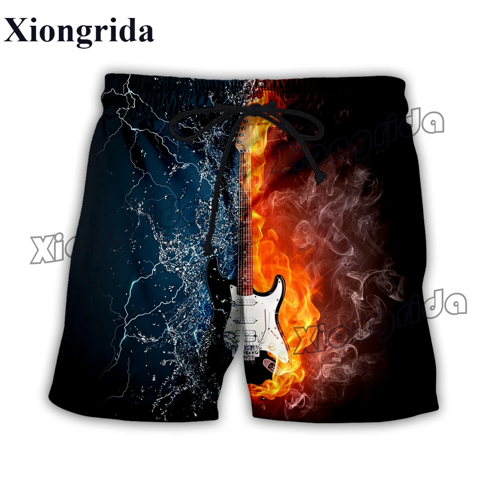 Summer Mens Guitar Print Shorts Guitar and Fire 3D Print Board Shorts Musical Instrument Beach Harajuku Swimming Trunks