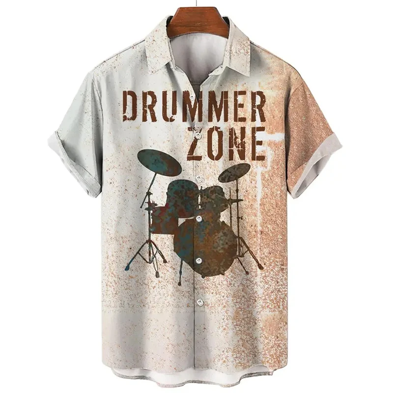 Colorful Musical Instrument Pattern Hawaiian Shirt For Men 3d Saxophone Guitar Print Beach Short Sleeve Casual Male Tops Tees