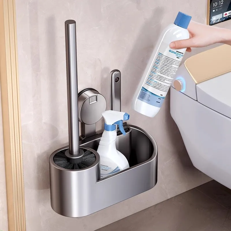 Bathroom Toilet Brush Holder Cleaning Tools Space Aluminum Wall Mounted Sucker Vertical Toilet Brush Bathroom Accessories bathroom accessories toilet brush holder