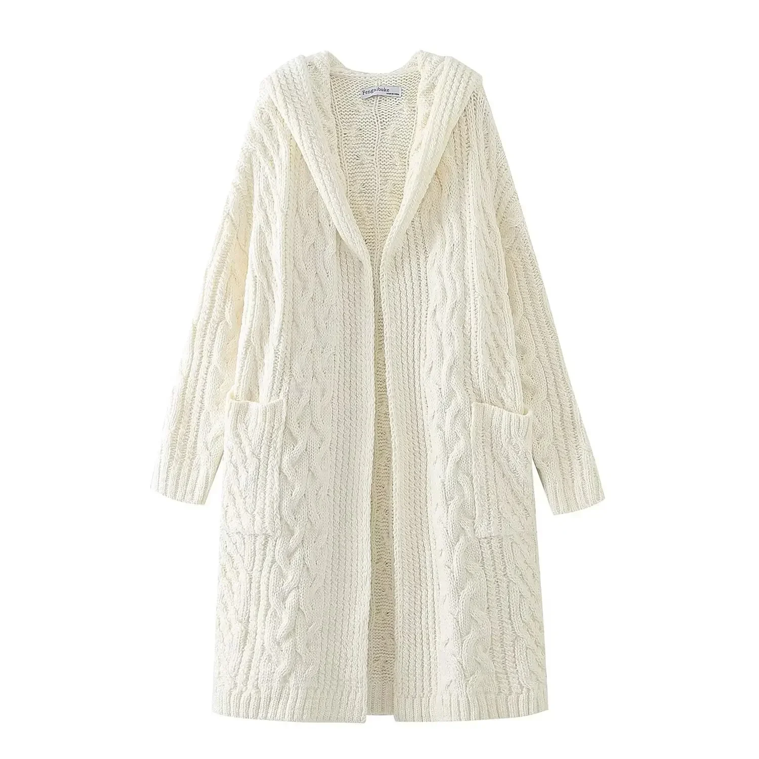 

Women New Fashion Patch bag decoration Loose Long style Hooded Knitted Coat Vintage Long Sleeve Female Outerwear Chic Tops