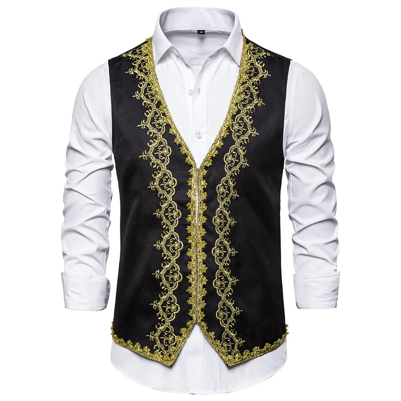 

Stylish Gold Embroidery Baroque Vest Men Slim Fit Palace Prince Black Vest Waistcoat Men Stage Prom Drama Opera Costume Gilet