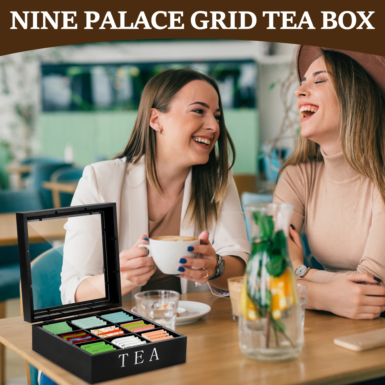 Wood Tea Bag Storage Box with Clear Lid 9 Compartments Square Container Desktop Jewelry Organizer Tea Box Case 5