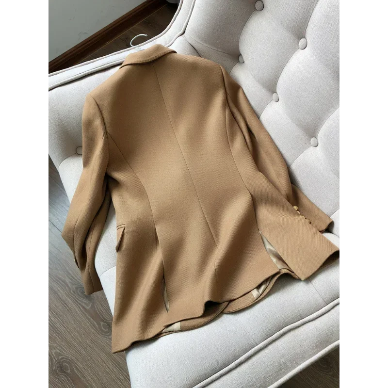 Women Worsted Wool Blazers Spring Notched Australian Slim Fit Suits Jackets Office Button Clothing Pocket Slit Coats Coffee Tops