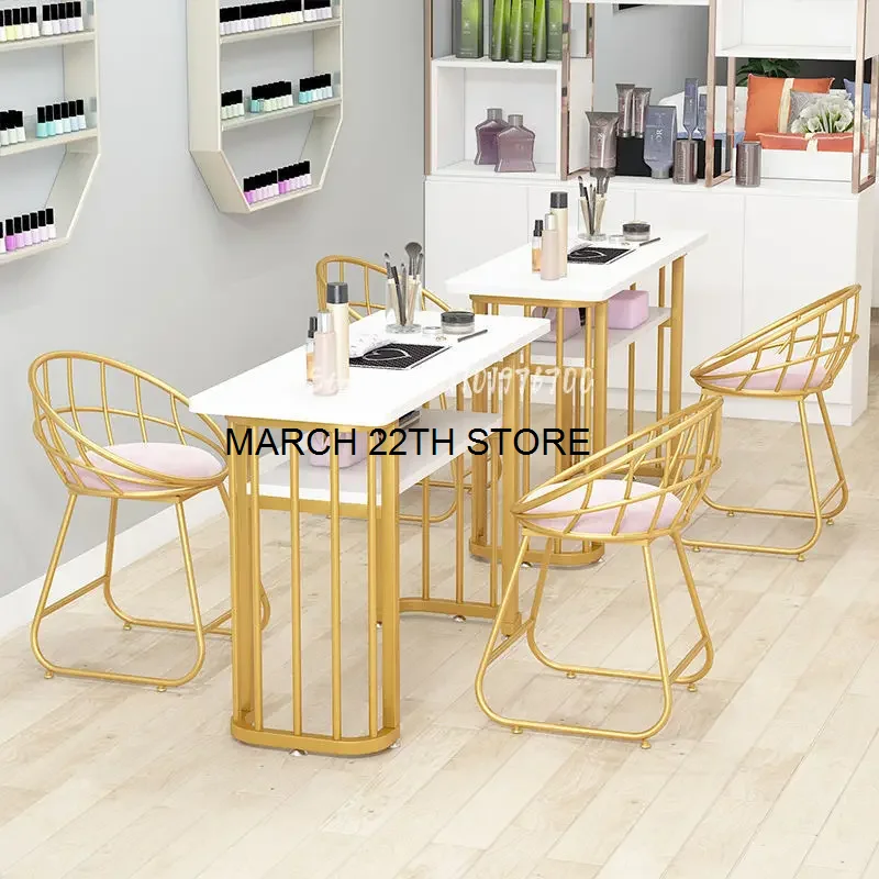 

Nordic fashion simple and generous imitation marble pattern nail table chair set wrought iron single double triple nail table