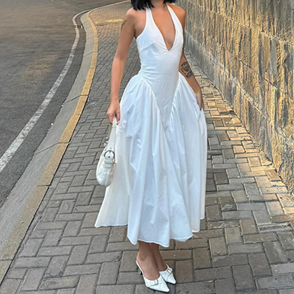 

White V-neck Dress Elegant Strap Dresses Backless Long Vestidos Solid Color Ankle Length Skirt for Lady Party Street Engagement