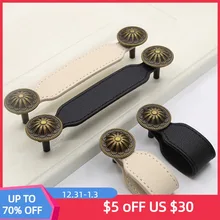 Tiradores de cajón de armario para cocina, pomos de puerta de armario de cuero, modernos, color negro, Vintage, 1 pieza