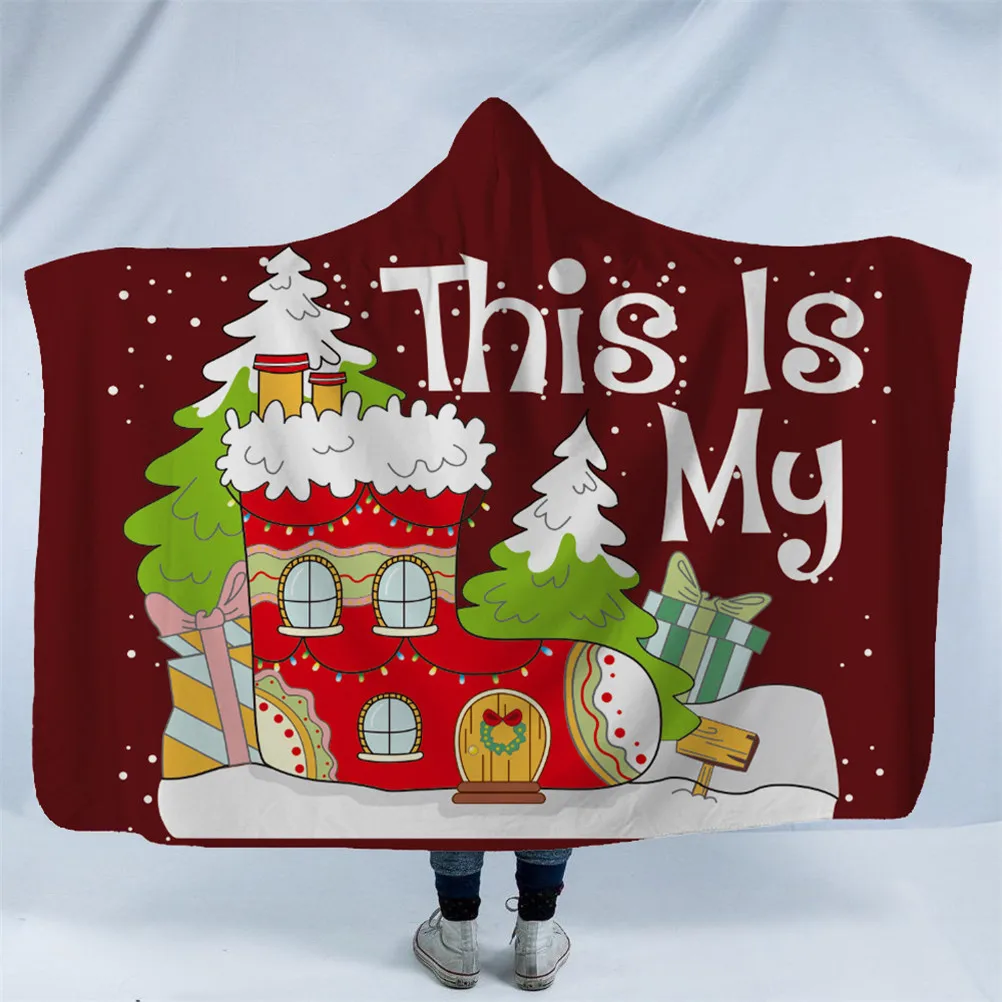 

Merry Christmas Hooded Blanket for Adults Christmas Tree Snowflake Wearable Throw Blankets 150x200cm