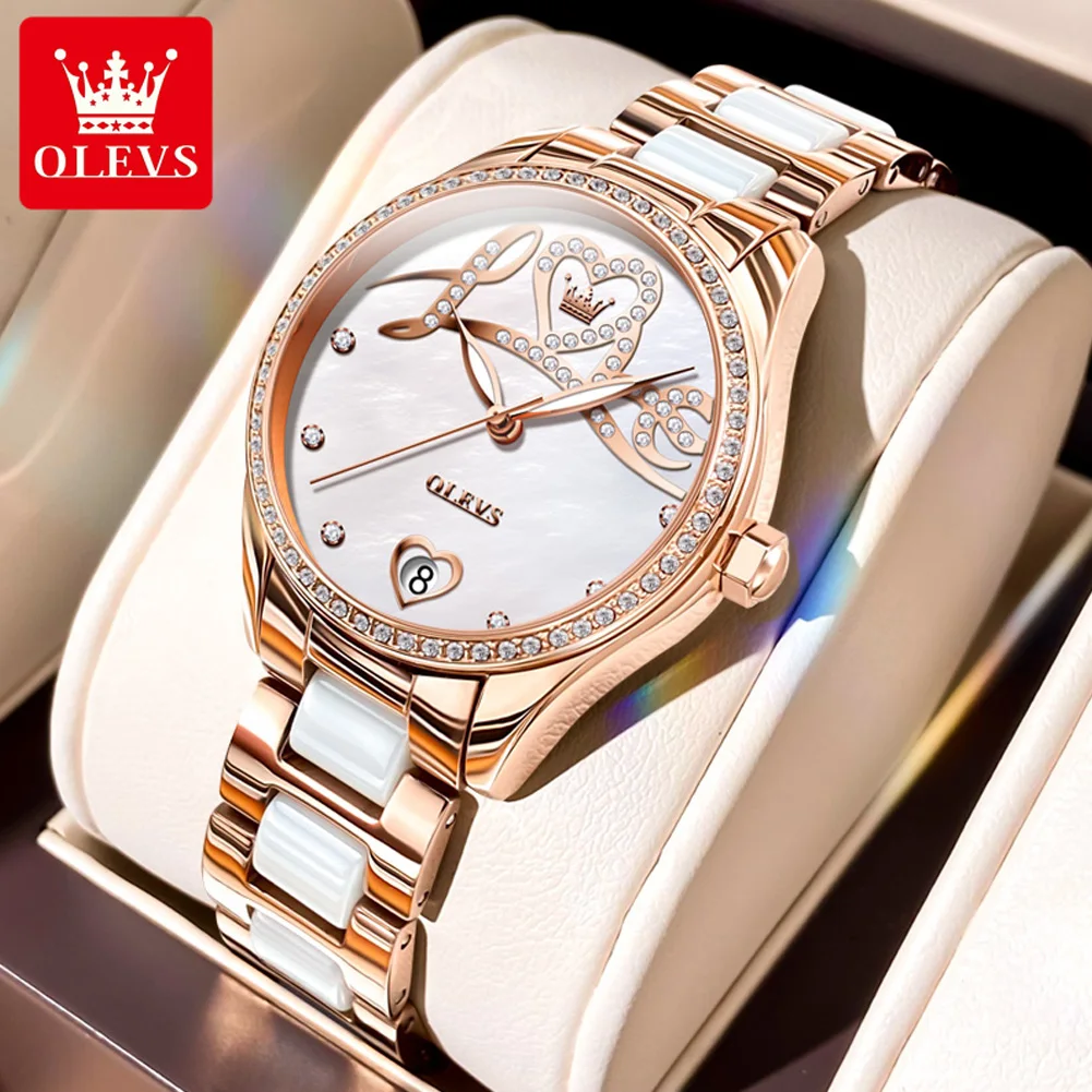 OLEVS Automatic Mechanical Watch for Women Luxury Ceramic Strap Love Dial Waterproof Elegant Fashion Women's Wristwatches Reloj