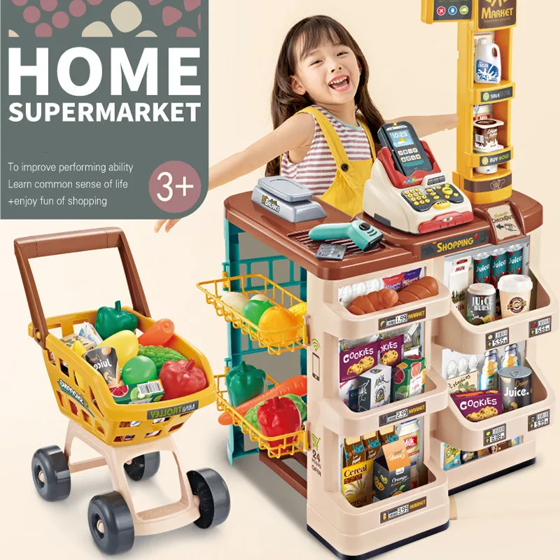 

Children's Simulation Supermarket Toys With Shopping Cart Scanner Cashier Kitchen Toys Birthday Gift Early Education Box Gift